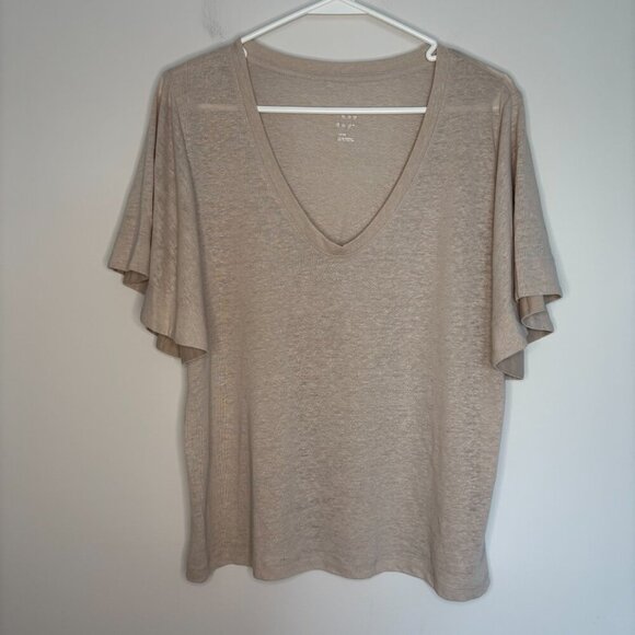 A NEW DAY Linen Blend Tee Womens L Tan Flutter Sleeve V-Neck 52% Linen - Picture 5 of 7